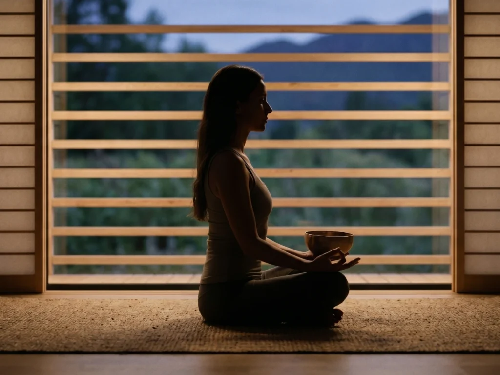 Силует на жена, медитираща с дзен купа, илюстрираща ефекта на солфежните честоти за емоционален баланс.