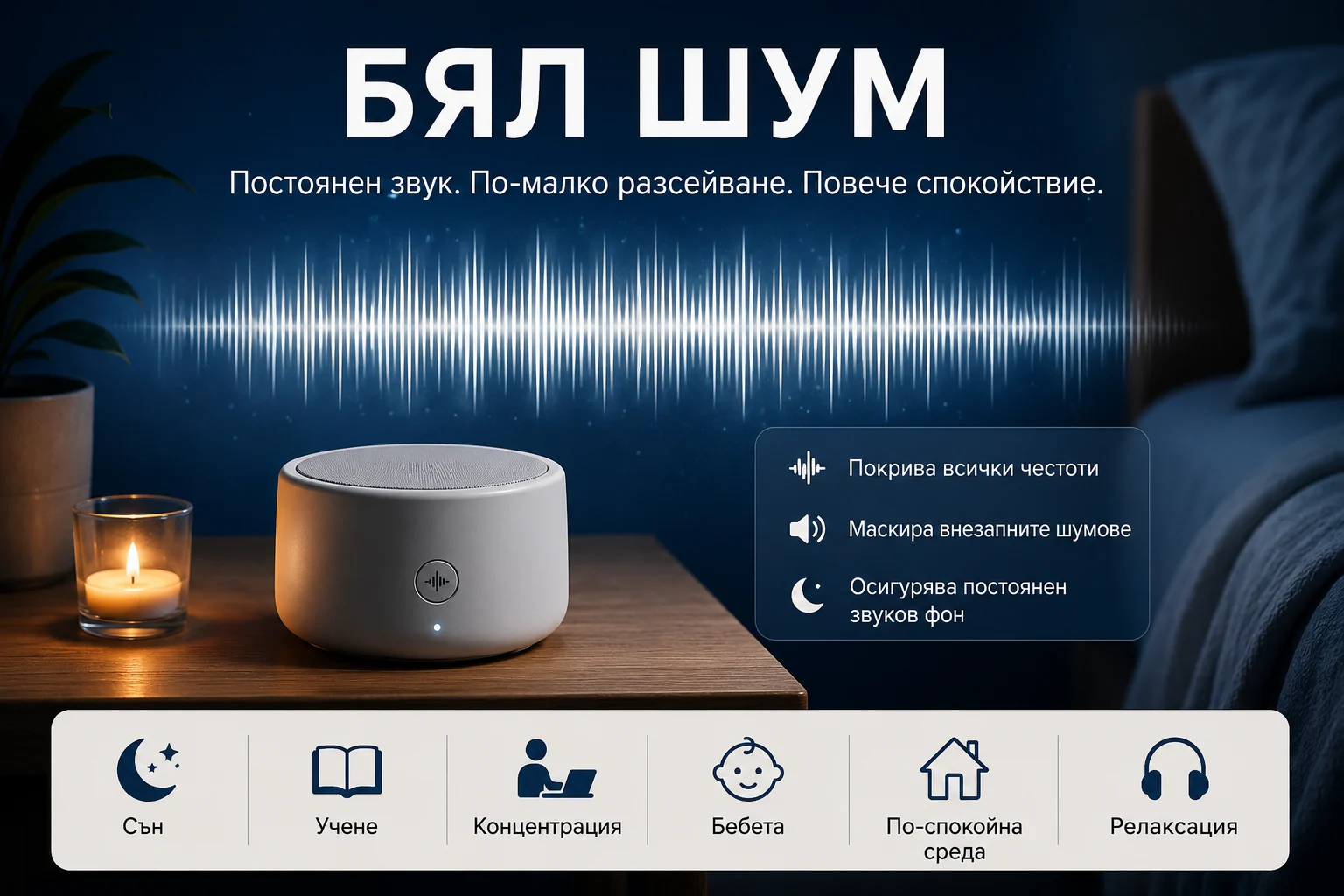 Бял шум – илюстрация на постоянен фонов звук за сън, концентрация и релаксация.