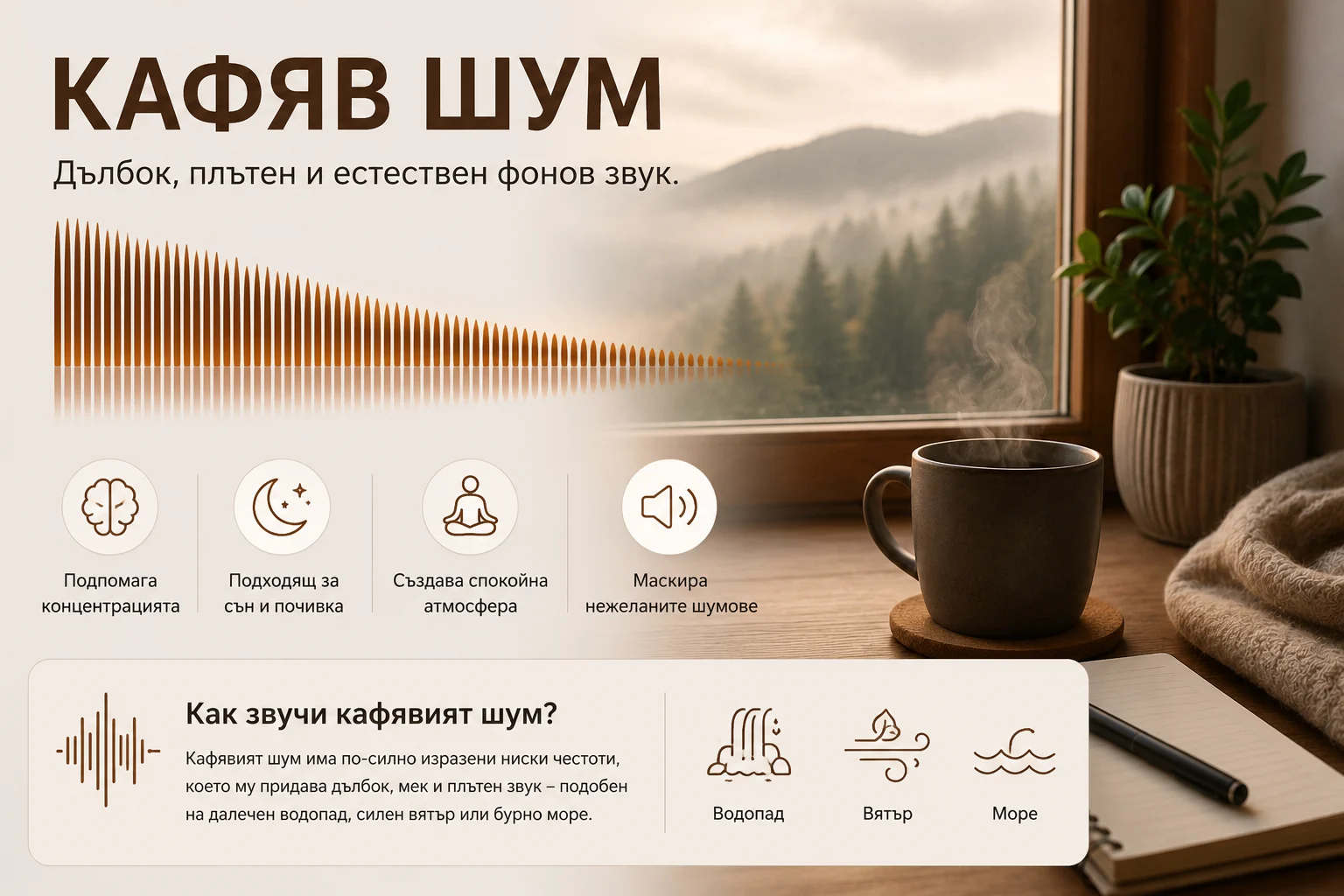 Илюстрация на кафяв шум с визуализация на звукови вълни в спокойна домашна обстановка.