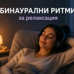 Илюстрация на човек, който се отпуска със слушалки, символизираща използването на бинаурални ритми за релаксация.