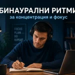 Илюстрация на човек, който работи със слушалки, символизираща използването на бинаурални ритми за концентрация и фокус.