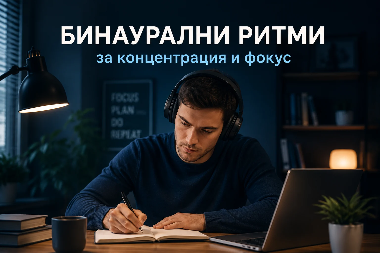 Илюстрация на човек, който работи със слушалки, символизираща използването на бинаурални ритми за концентрация и фокус.