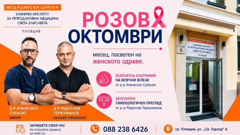 Безплатна ехография на млечни жлези и безплатни гинекологични прегледи организира през октомври Медицински център “Св. Елисавета” – Пловдив